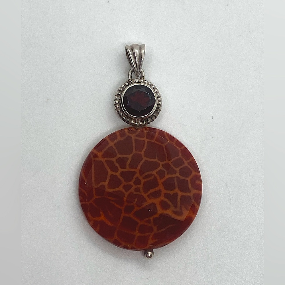 Vtg PTI Sterling Silver Fire Agate & Garnet Stone Large 925 Pendant | 2” L